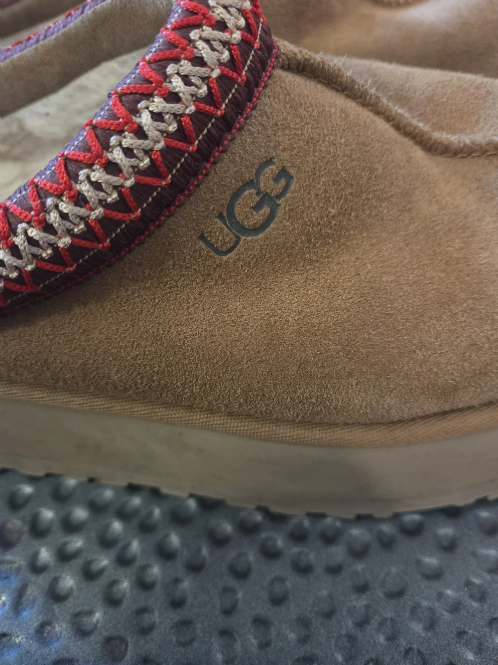 UGG Chestnut Suede Slip-On Moccasin with Red & Cream Trim